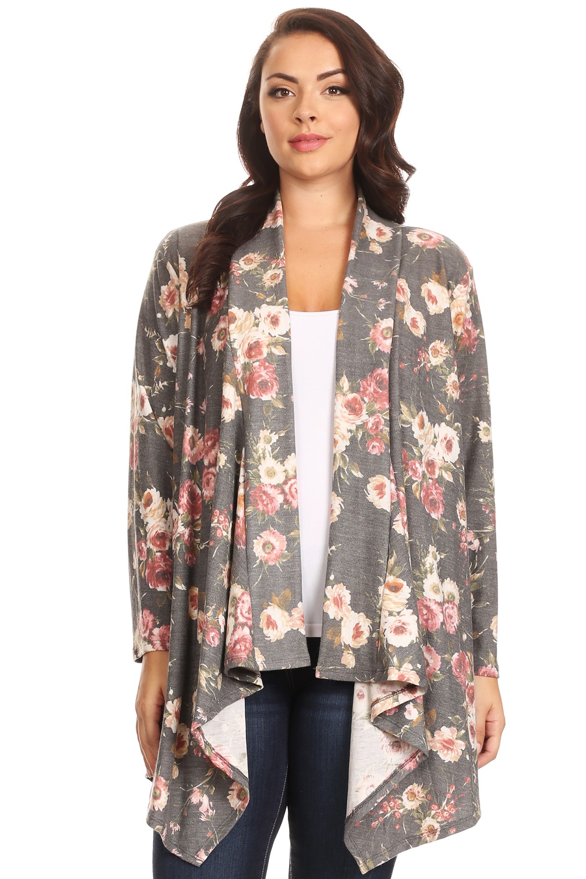 SHAWL OPEN CARDIGAN IN GRAY FLORAL